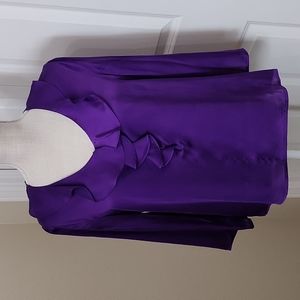 ELEMENIZ PURPLE SATIN 3/4 SLEEVE TOP W/RUFFLED NECK LINE SZ M GREAT CONDITI…